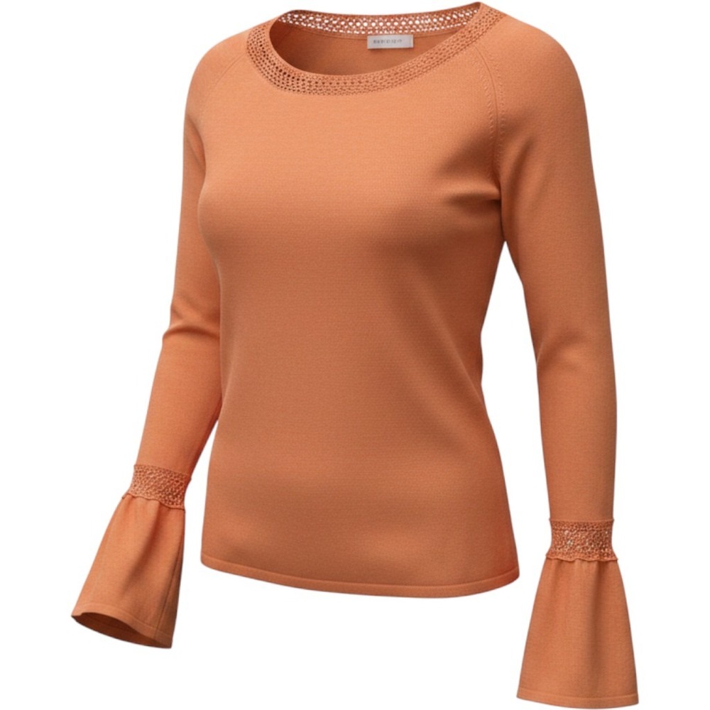 Pineapple Orange Long Sleeve Crochet Lace Trim Scoop Neck Sweater Womens Small